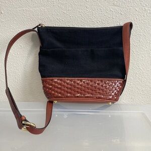 Cognac type Leather Black Linen Woven Hobo Women's Shoulder Bag Zip Adjust Strap